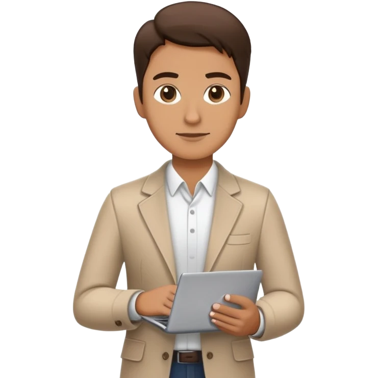 business owner standing confidently, holding a closed laptop in one hand and a takeaway coffee cup in the other. The character wears casual-smart clothes. emoji
