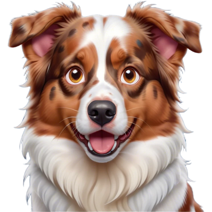 Cinematic Comical Predominantly White Red Merle Australian Shepherd Portrait Emoji, Head tilted dramatically with an exaggeratedly shocked or offended expression, predominantly white fur with distinctive red merle patches, wide, expressive blue eyes filled with exaggerated disbelief, Simplified yet hilariously expressive features, highly detailed, glowing with a slightly sassy glow, high shine, dramatic yet playful, stylized with an air of attitude, bright and endearing, soft glowing outline, capturing the essence of a sassy and over-the-top pup, so meme-worthy it feels like it could side-eye its way into internet fame instantly! emoji