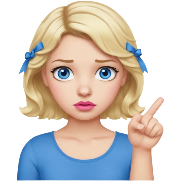 Girl Blonde short wavy hair,  blue eyes, cute blue top, long lashes, pink lips, thumbs down  emoji