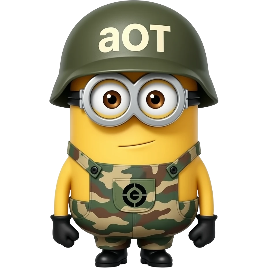 Minion in army uniform at attention on guard duty text on helmet aOT emoji