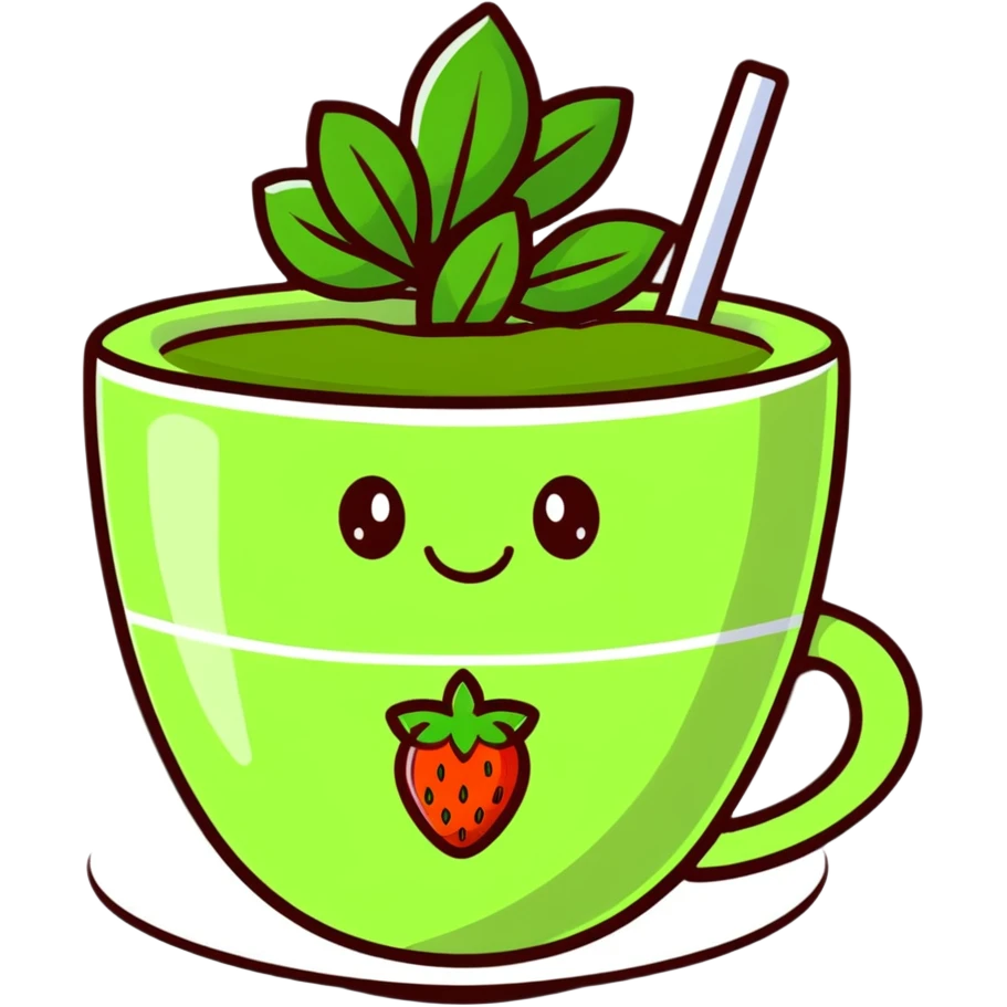 cute cartoon strawberry green tea in a cup with a smiling face emoji