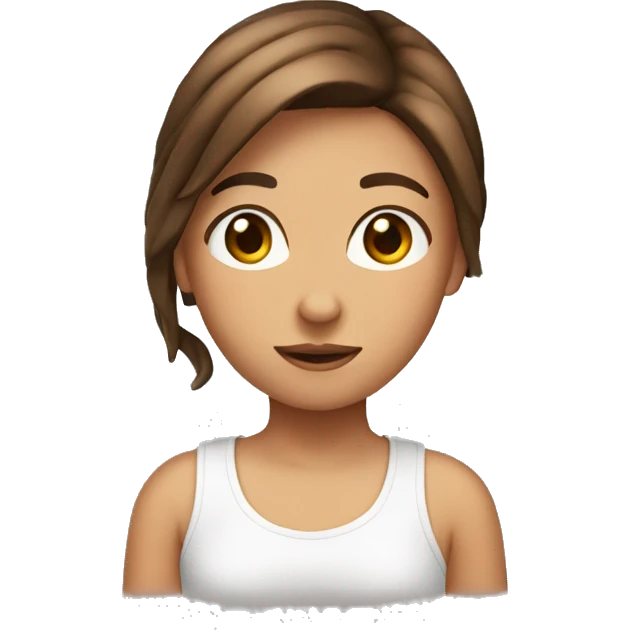 A girl with brown hair and a T-shirt with a shrimp emoji