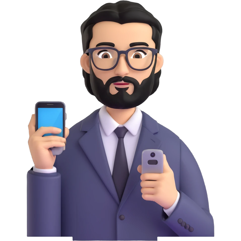 polished standing pose of professional man with medium black beard, black hair styled and combed to one side, connected unibrow, olive tan skin, brown eyes, glasses, prominent nose, dressed in formal black jacket, prominently displaying mobile phone in hand emoji