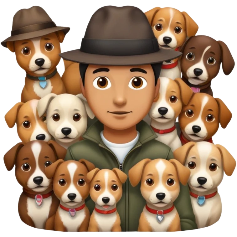 A man with 10 dogs with hats on emoji