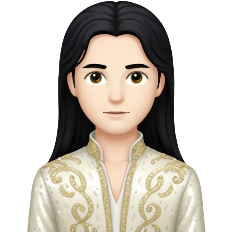 Tom Neuwirth with long black hair, ivory sequin outfit emoji