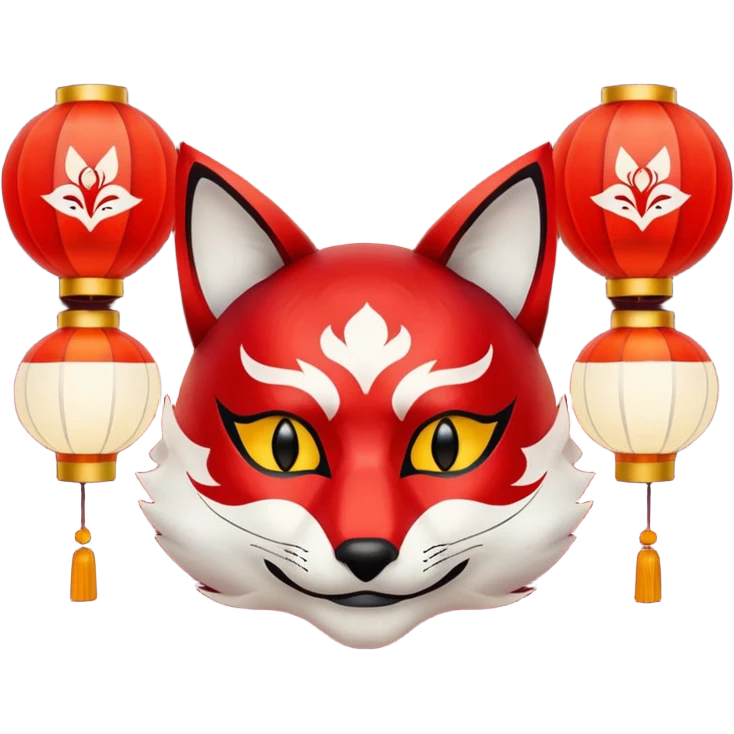 kitsune mask, worn by a festival performer at night, paper lanterns in background, colorful bokeh lights emoji