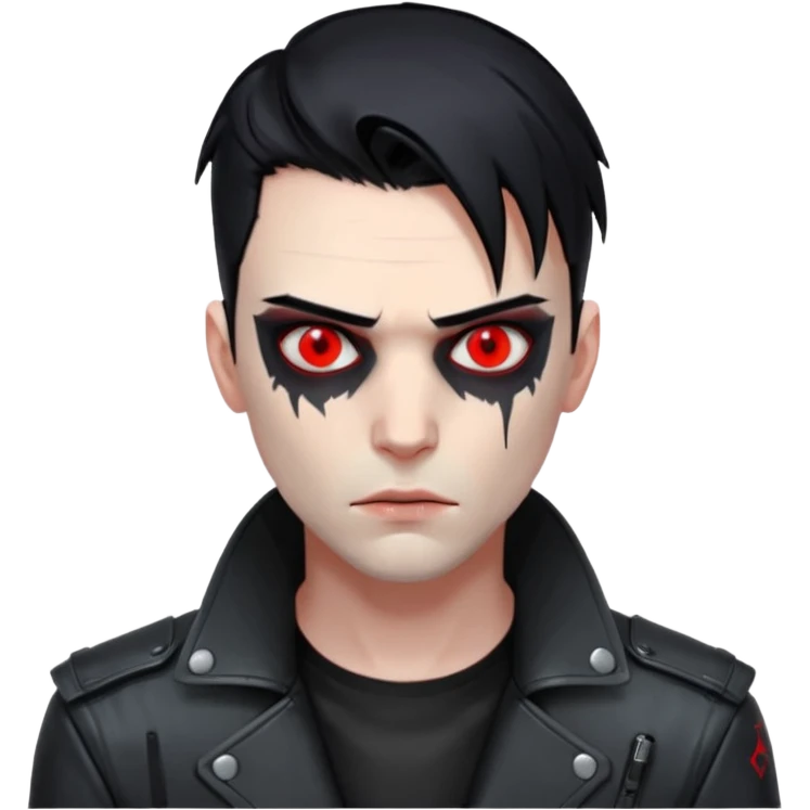 Cyberpunk man, slicked hair, silver metal jaw prosthetic, glowing red eyes, cold expression, clinical lighting emoji
