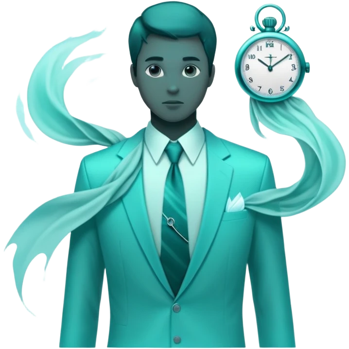 Teal colored ethereal energy forming male silhouette with ghostly floating wardrobe elements like tie, shirt and watch surrounding it, abstract style essence emoji