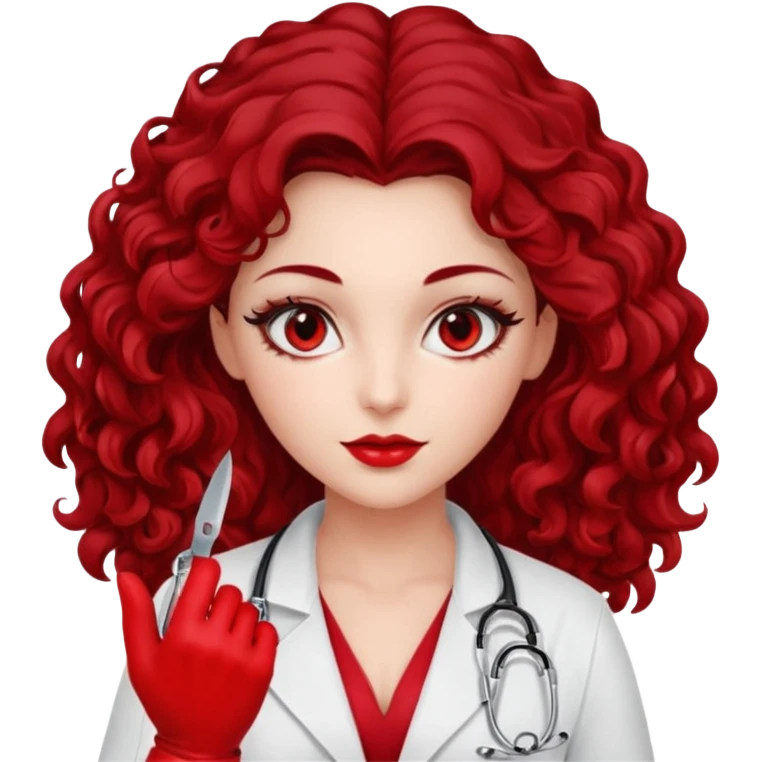 Lilith scalpel in hand, evil surgeon red outfit.  She has red eyes. She has dark brown long curly hair. Wears sexy doctor outfit with red gloves emoji