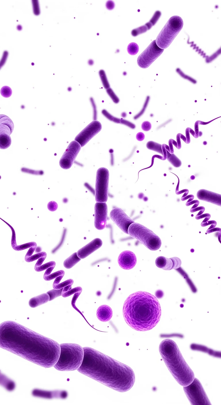 BATTERI INTESTINALI VIOLA FLUTTUANO IN ARIA, SFONDO BIANCO emoji
