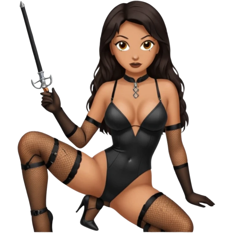 Tan skin with freckles, long dark hair, hazel eyes Dominatrix with black fishnet stockings  emoji