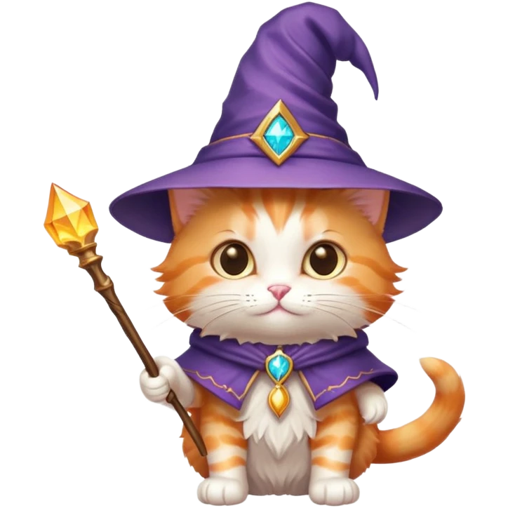 kitty wizard with magic wand and pointy hat emoji