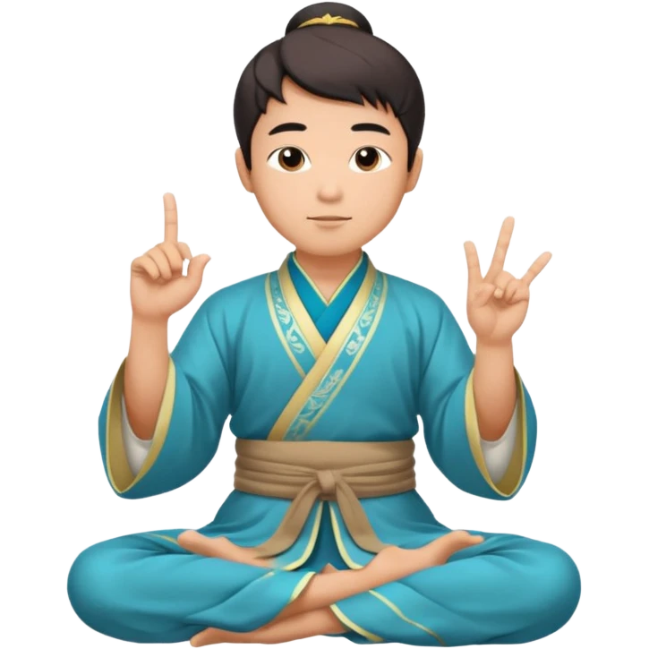 asian man in hanfu closing sitting in lotus pose, pointing one finger to sky as wisdom gesture emoji