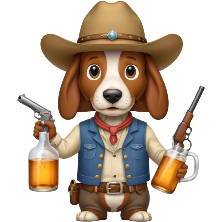 hillbilly basset hound with cowboy hat moonshine and a gun emoji