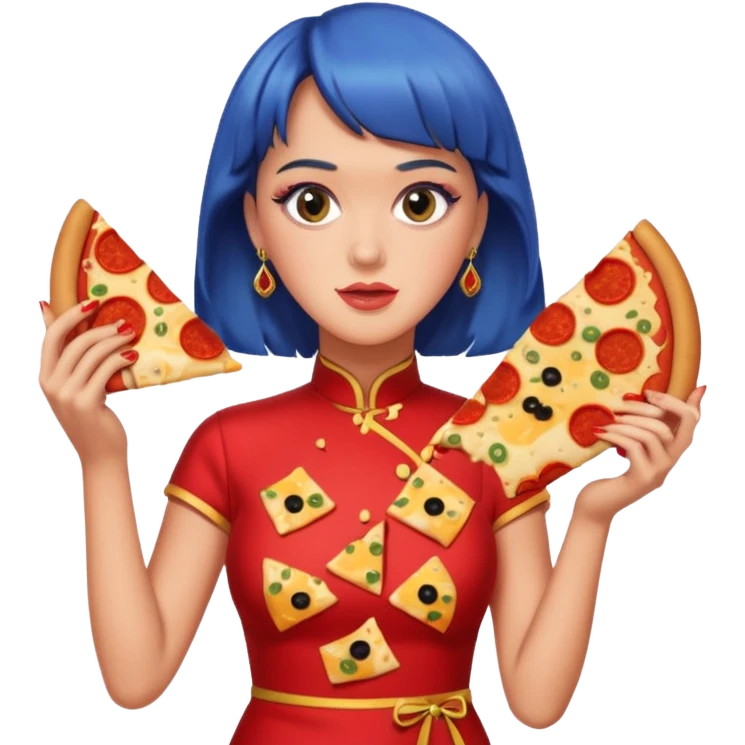 Katy Perry, wearing cheongsam, with pizza emoji