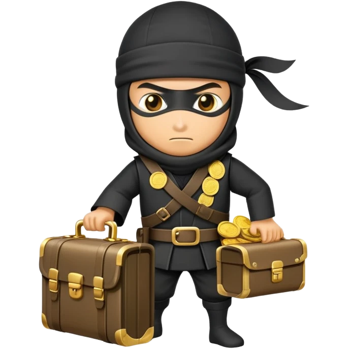 Sneaky ninja character with a treasure briefcase of gold coins and bills emoji
