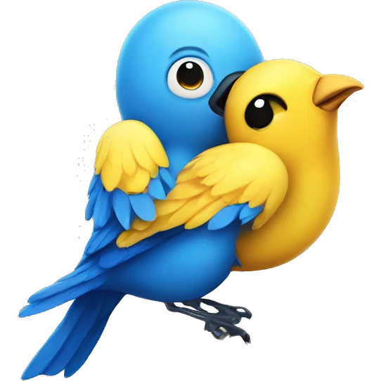 Blue rose bird hugging yellow cartoon bird emoji