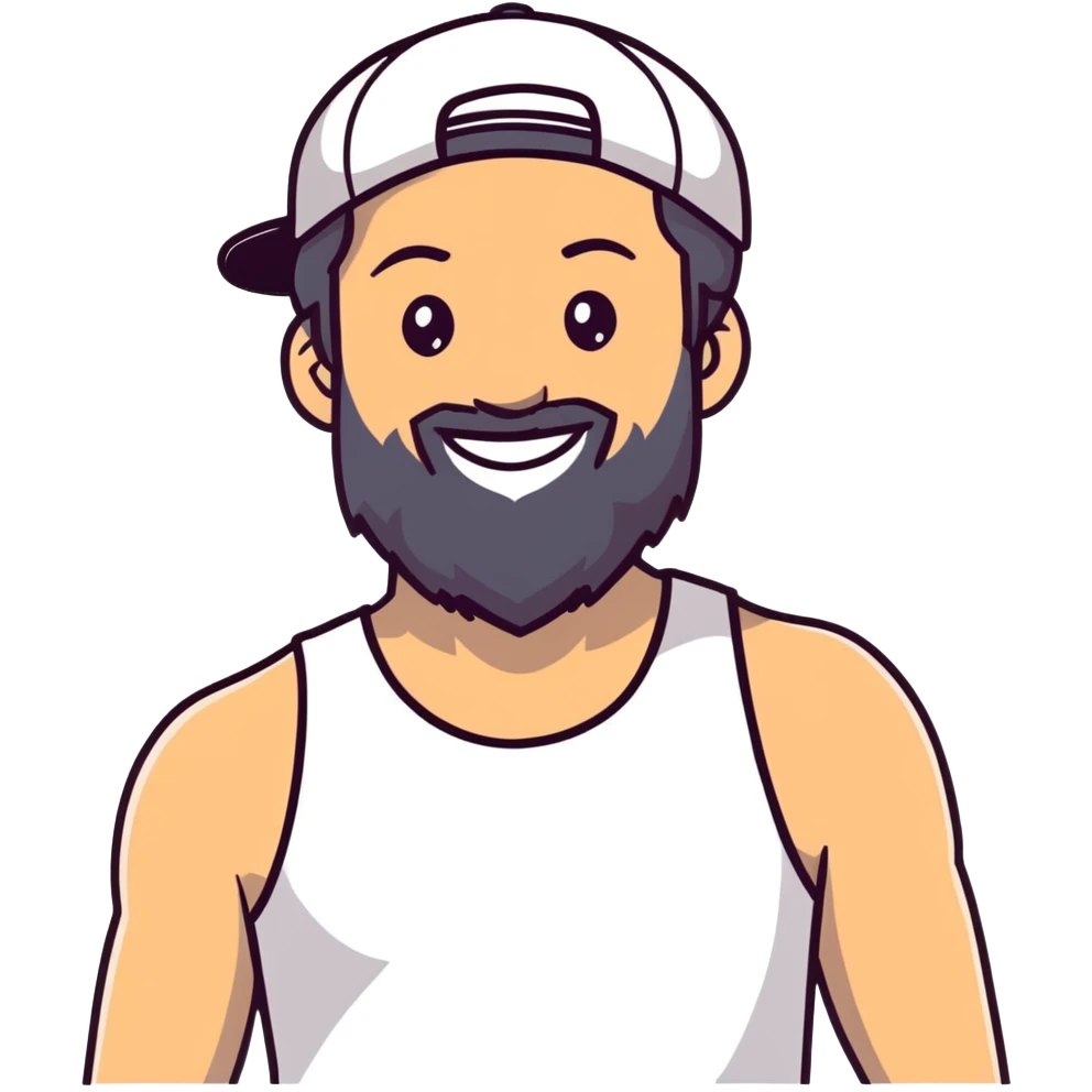 Alex Hormozi, white man with mid-long hair wearing a cap, big beard, smiling, white tank top emoji