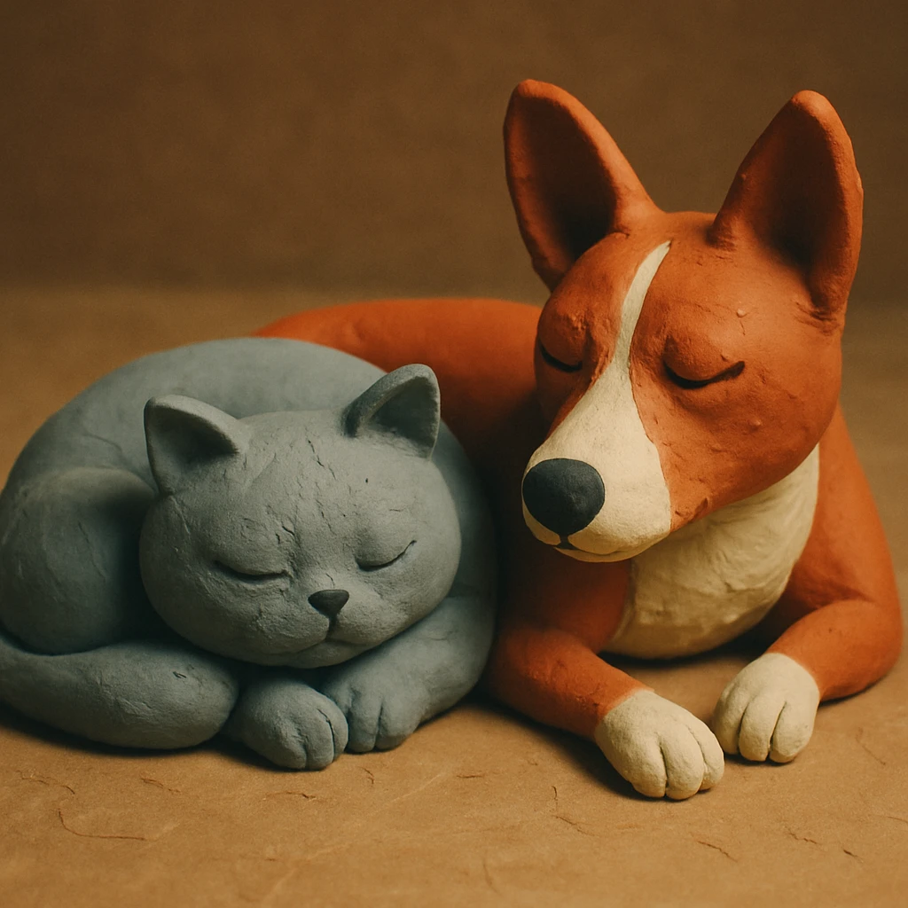 A gray British Shorthair cat curled up and sleeping next to a red Basenji dog emoji