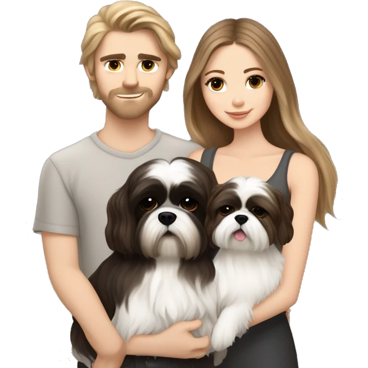 A couple, one very beautiful white  girl with very long volume dark blond hair and one white boy with perfect brown hair that hugs her and also hugs two little dogs shih tzu black and white emoji