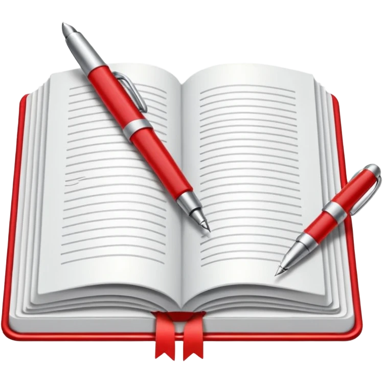 "A white open book,The pen should be positioned as placed exactly in the center between the pages.  if held by a right-handed person - meaning the direction is reversed compared to a left-handed grip. The pen should be uncapped, and the cap placed behind it." Styled with Red tape on the pen emoji