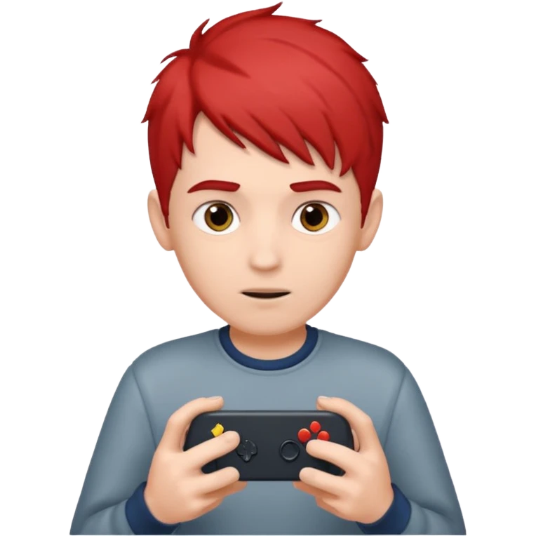 A boy with half gary hair and half red hair playing video game in is mobile  emoji