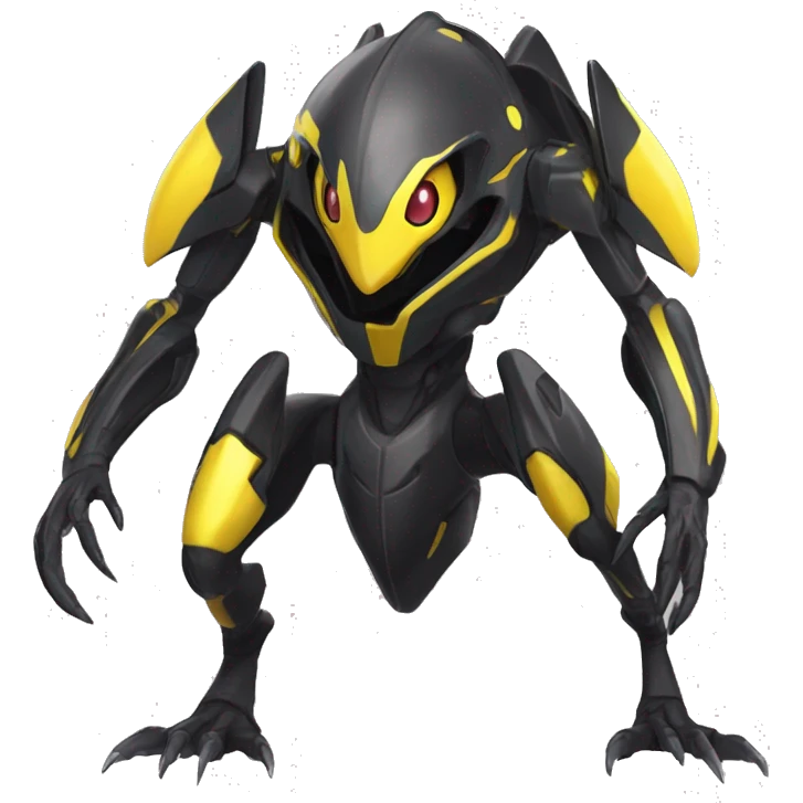 a shiny black-yellow Genesect-Raptor-Fakémon—hybrid with a futuristic visor-helmet full body emoji