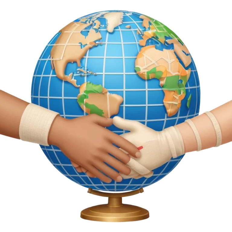 instead of two hands holding a globe, we have two hands handshaking in front of a globe. And in the background, we can see that the globe has a bandage or something. THE GLOBE HAS THE BANDAGE NOT THE HANDS emoji