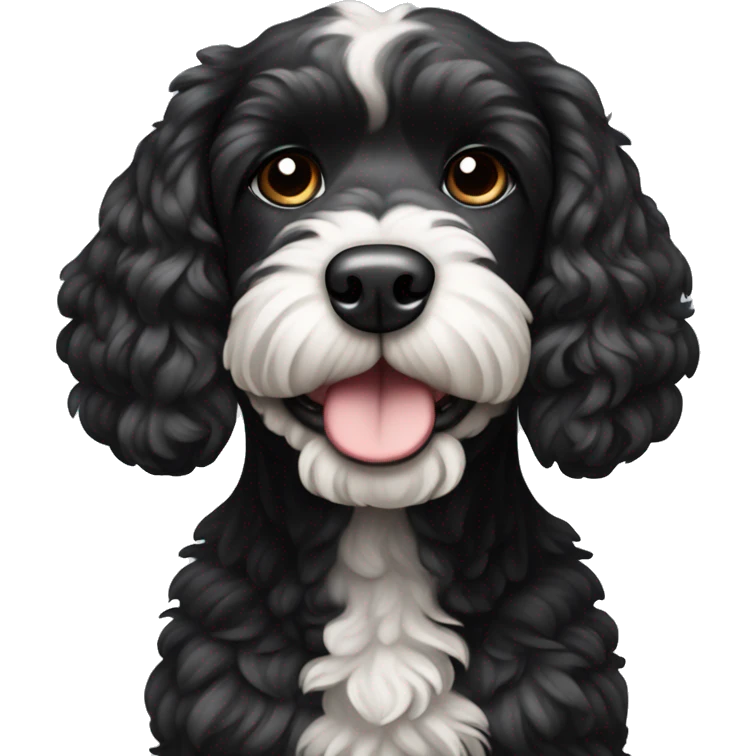 Black cockapoo dog with a white big stripe from the chin to the belly emoji