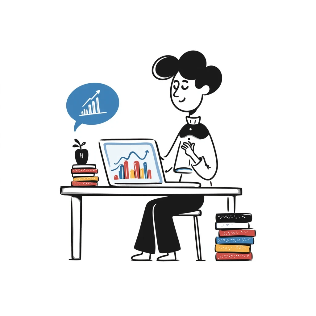 Academic research setup with an open laptop, stack of colorful books, and a rising data chart graph with upward trend. Hand-drawn doodle style with blue laptop screen, multicolored book spines, and a colorful bar chart. emoji