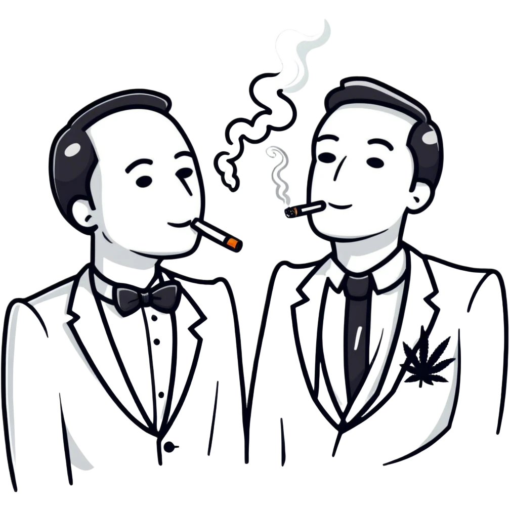 Two men in tuxedos smoking cannabis at a wedding party emoji