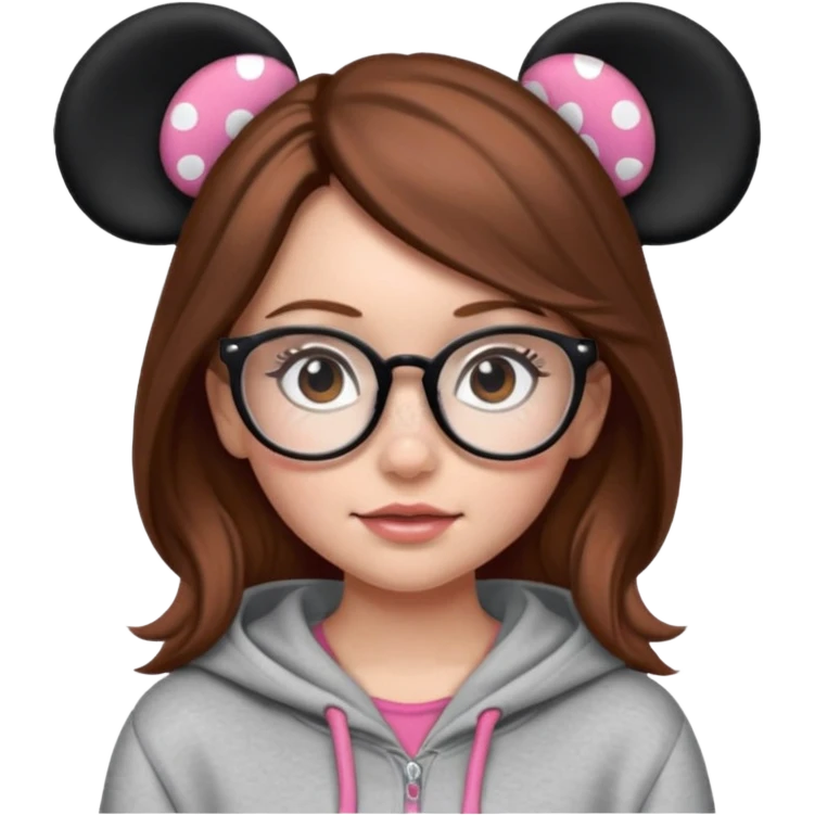 Freckle faced brown hair girl with stunning eyes and glasses, add minnie mouse ears and she wears a hoodie emoji