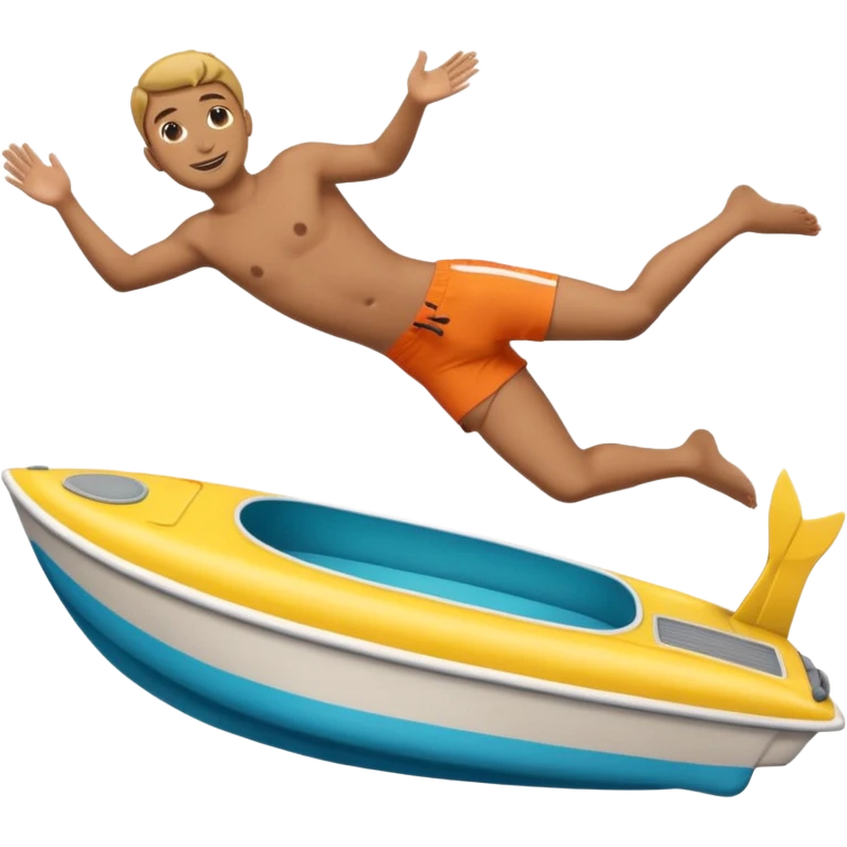 Emoji-style side view of boat with person diving off, rounded cute features, soft shading, colorful, PNG cutout emoji