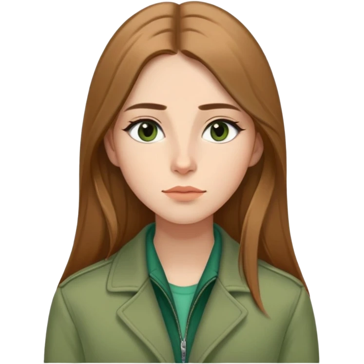 Caucasian girl with elongated face, soft jawline, long straight light brown hair with middle part, almond-shaped brown eyes with black eyeliner, thoughtful expression with slight smile, wearing green jacket emoji