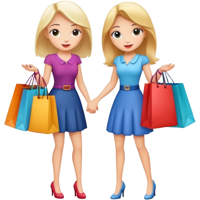 Two cartoon girls exchanging shopping bags with each other emoji