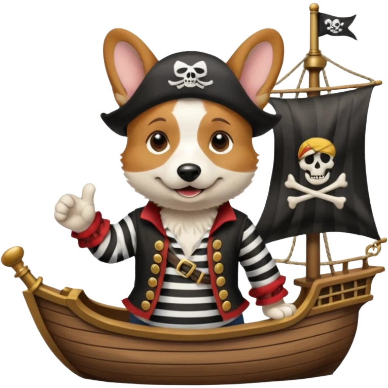 cute pirate corgi with a hook paw and striped shirt, on a pirate ship deck emoji