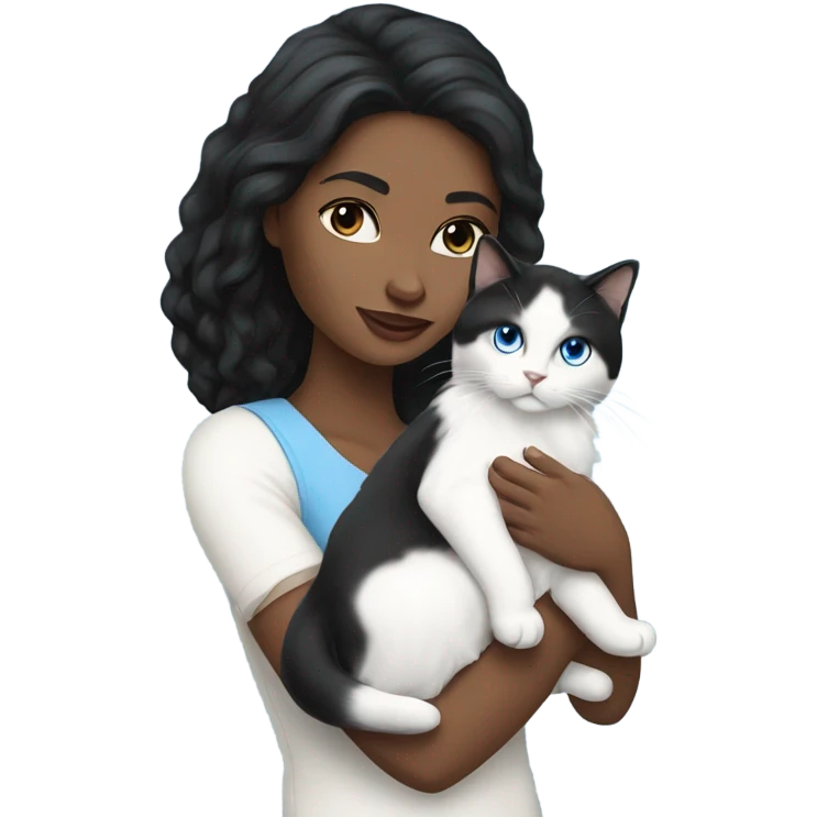 woman with black hair and holding a all white Siberian cat with blue eyes emoji