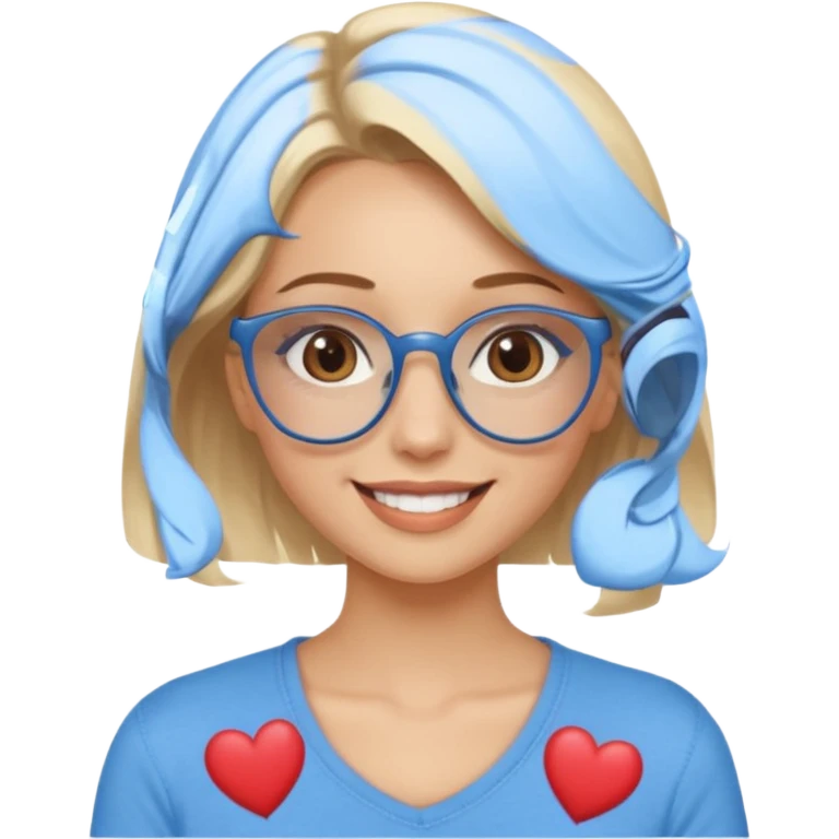 Asthectic pretty Blonde women brown eyes, blue glasses, waring a brown top smiling with hearts around her. emoji
