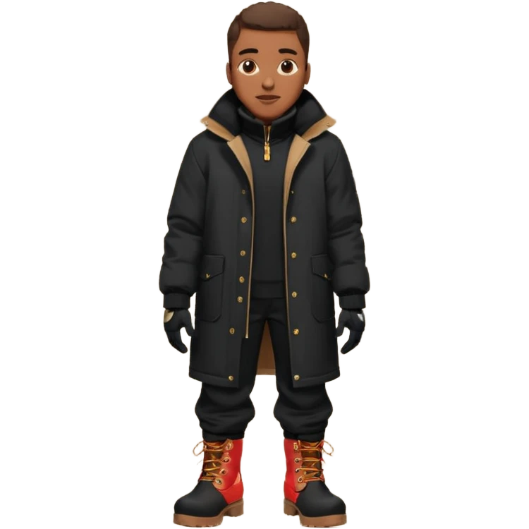 Handsome Black grown man with brown skin tone, wearing black joggers, a black weather coat, and buckwheat timberland boots, and black gloves emoji