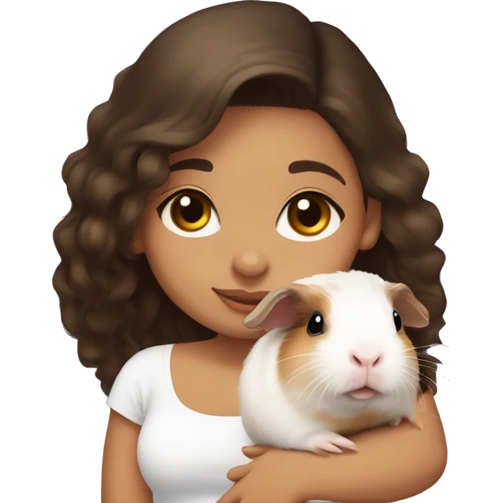 a Latina girl with long dark brown hair and light skin wearing a white tube top shirt snuggling a baby guinea pig emoji