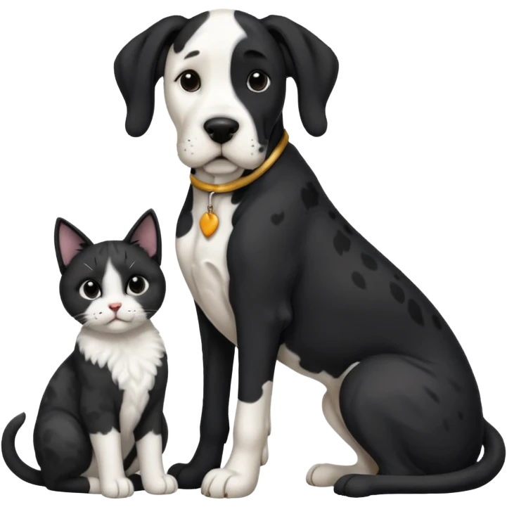 Large Black and white great dane dog sitting with a small black and white cat emoji