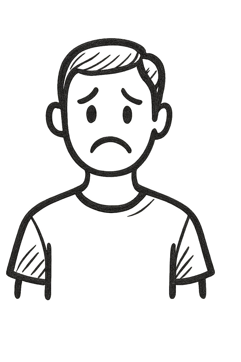minimalistic black and white outline doodle of a man in a t-shirt with a sad face, no background emoji