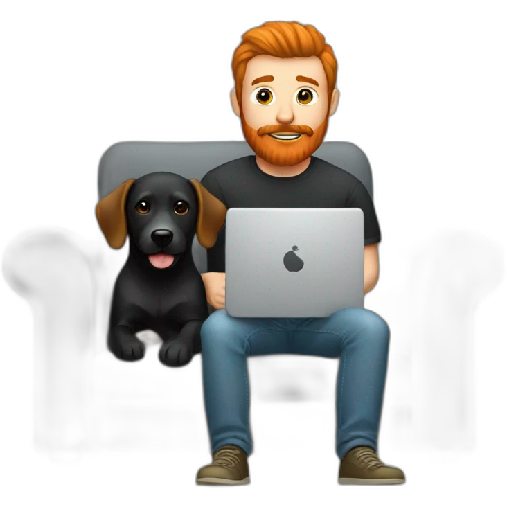 a man with a red beard sits working on a computer on the sofa with a black Labrador emoji