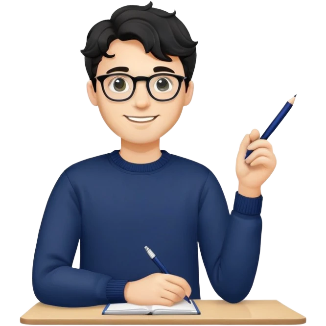 Young caucasian man with black wavy hair, round glasses, navy blue sweater, confident trustworthy smile, professional designer with pen emoji