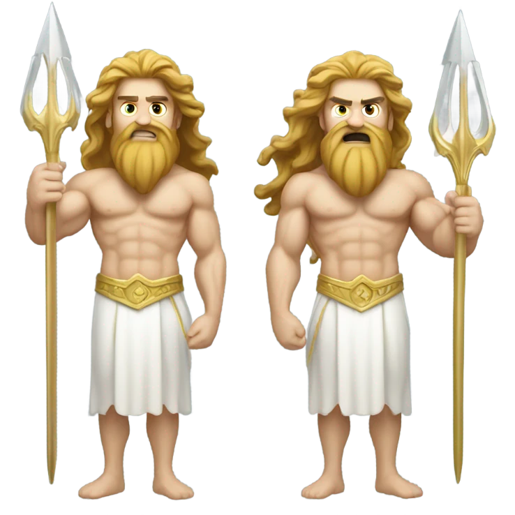 white Poseidon with gold Trident. long hair white dress. show biceps emoji