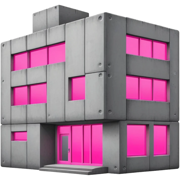 brutalist gray concrete block building with one neon pink window emoji
