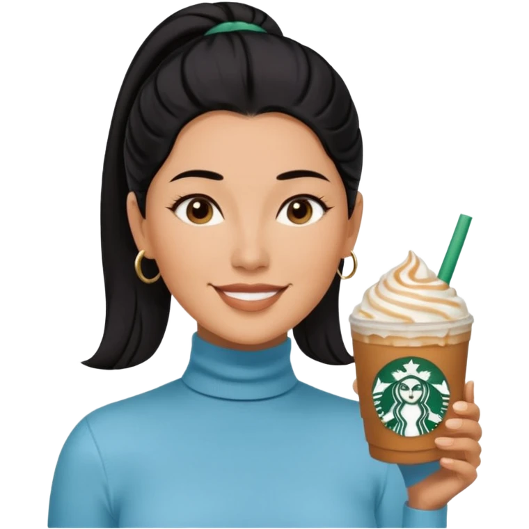  tan skin woman with long face, and very short black hair slicked back ponytail with forehead showing, wearing solid light blue turtleneck shirt, drinking starbucks caramel frappuccino, smiling with middle parted hair emoji