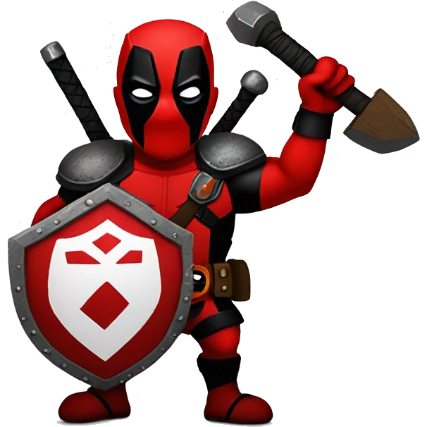 Deadpool holding Viking shield and a hammer emoji