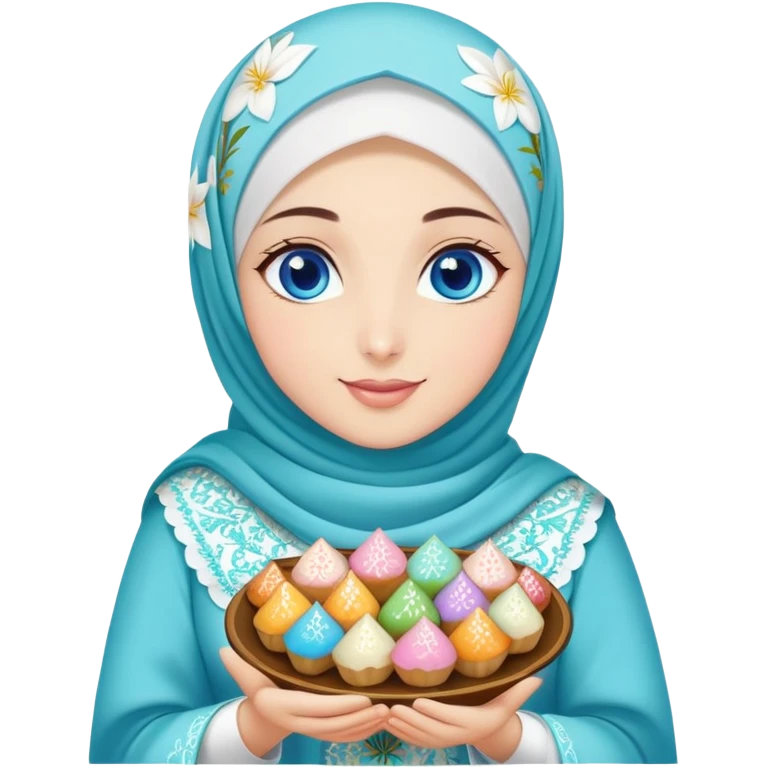 Turkish beautiful finish Konya girl blue eyes with lily floral hijab islamic dress and had on her hand text Eid Mubarak with sweets and celebrating with her friends eid days   emoji