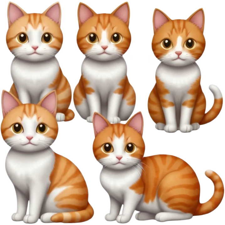 six cats of different colours: 1 small ginger and white, 1 small brown tabby and white, 1 small grey and white, 1 big grey and white, 1 mostly grey with white paws and small white patch on chest and 1 calico emoji